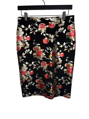 NYCC Pencil Skirt Womens Small Black Red Floral Metallic Stretch